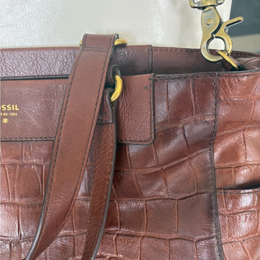 Gorgeous FOSSIL LARGE Brown Croc-Embossed Leather Tote & Wallet Combo ! - Picture 4 of 15